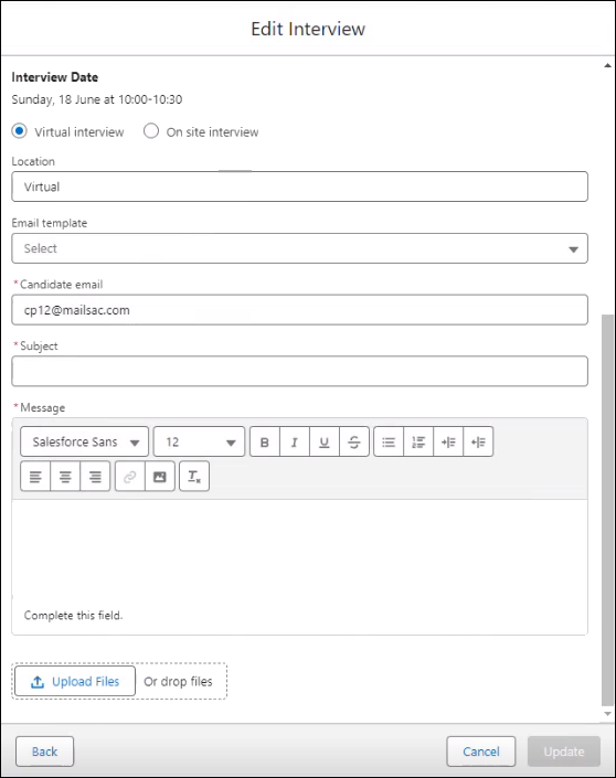 Screenshot of second edit interview dialog showing details for the candidate communbication